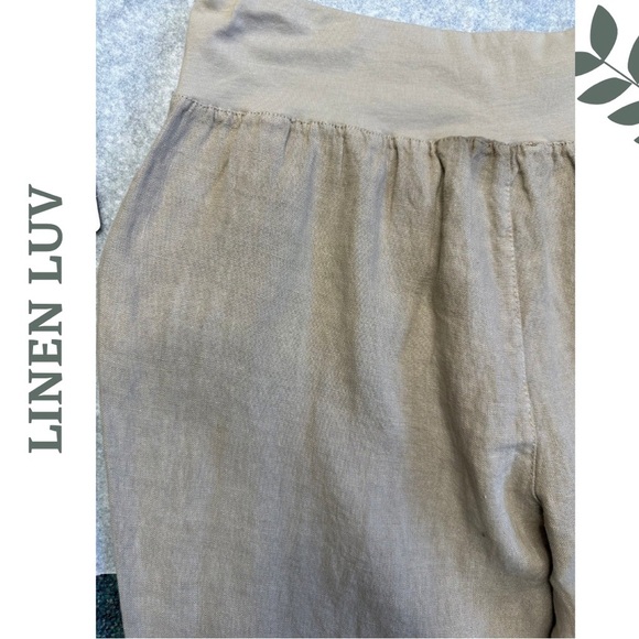 Linen Luv Cropped Pant Elastic Knit Waist front Button Detail Pockets Natural - Picture 7 of 8